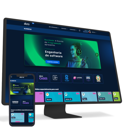 Um monitor e um celular com Alura Plus aberto 
